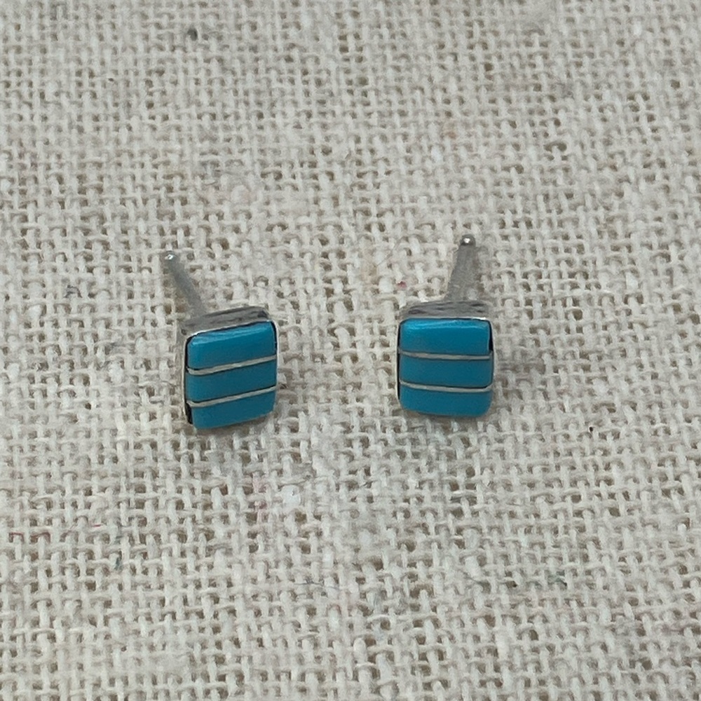 Vtg Zuni 925 Sterling Southwestern Turquoise Inlay Rectangle Stud Earrings
